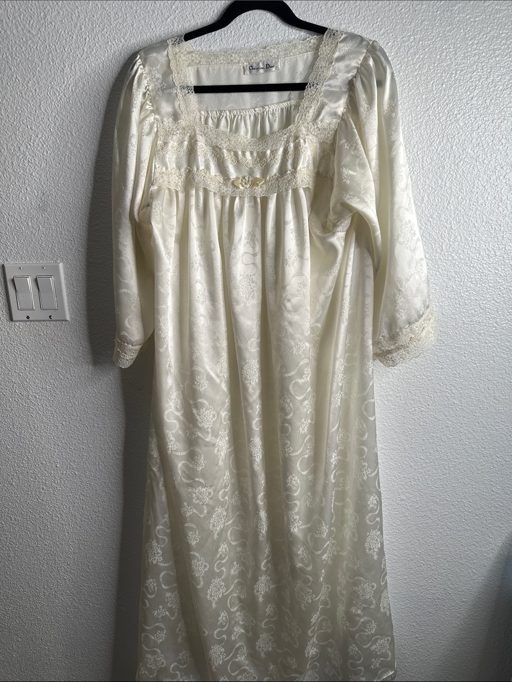 Vintage miss Dior Ivory Satin Nightgown with Lace Trim size L